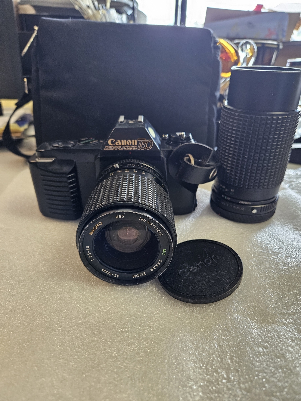 Vintage Canon T50 35mm Camera With 35-75mm, 75-200mm Zoom.and Carry Bag